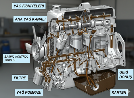 Araç yağlama sistemi şeması ve motor parçaları
