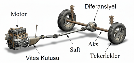 Güç aktarma organları şeması - motor, kavrama, vites kutusu, şaft, diferansiyel ve tekerlekler