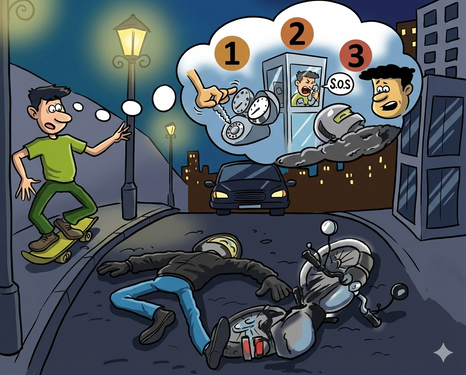 İlkyardımın temel uygulamaları KBK (Koruma, Bildirme, Kurtarma) sürecini gösteren görsel