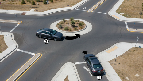 Dönel kavşak (ada) içindeki araçların geçiş önceliğini gösteren trafik şeması