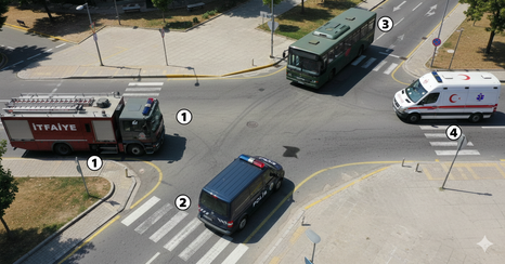 Geçiş üstünlüğü sıralamasını gösteren acil durum araçları şeması