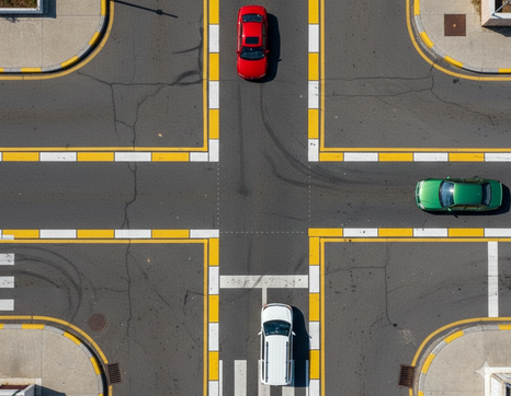 Kontrolsüz kavşaklarda sağdaki araca yol verme kuralını gösteren trafik şeması